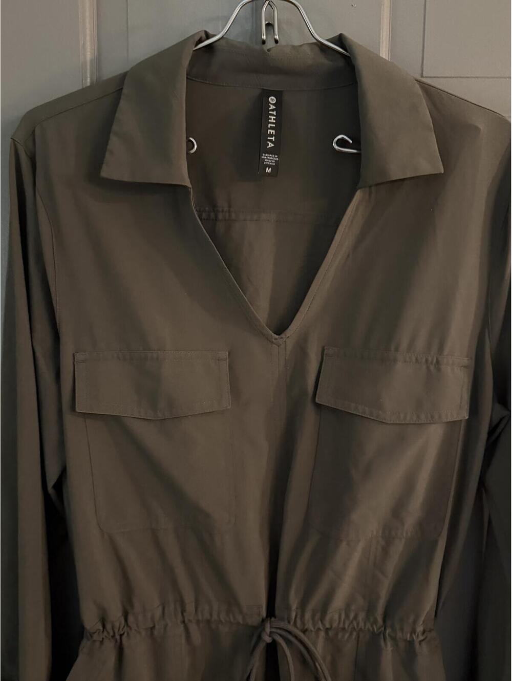 Athleta Olive Green Long-Sleeve Drawstring Shirt Dress Size M EUC - Picture 3 of 4